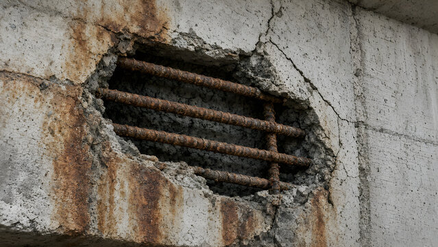 Concrete spalling on bridge beam with exposed corroded rebar and rust stains