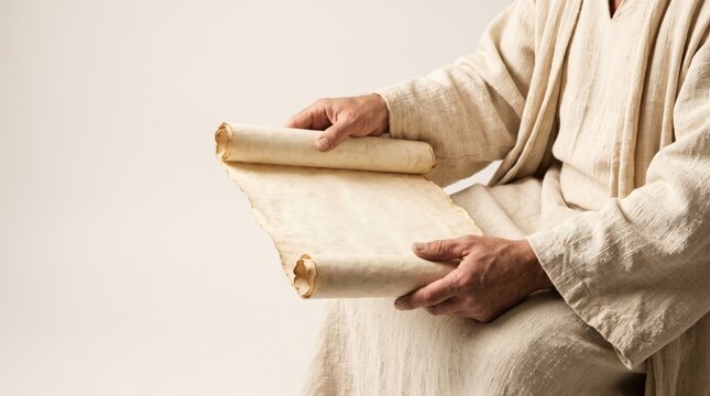 Man in Ancient Robes Reading a Sacred Scroll.
