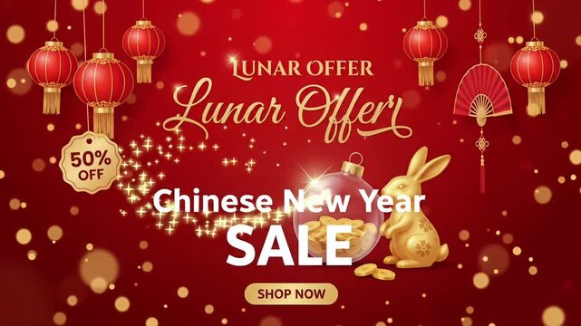 Chinese New Year sale lunar offer 50% off retail promo red lantern rabbit motion graphic loop
