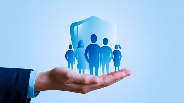 A hand holds a shield protecting a group of stylized human figures, symbolizing security and protection of people.