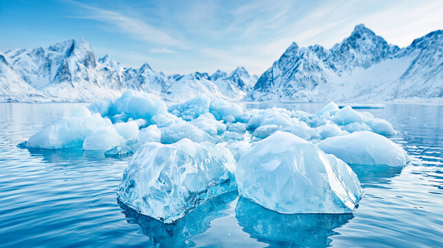 Icebergs float in clear blue Arctic waters with snow-covered mountains under a bright sky.