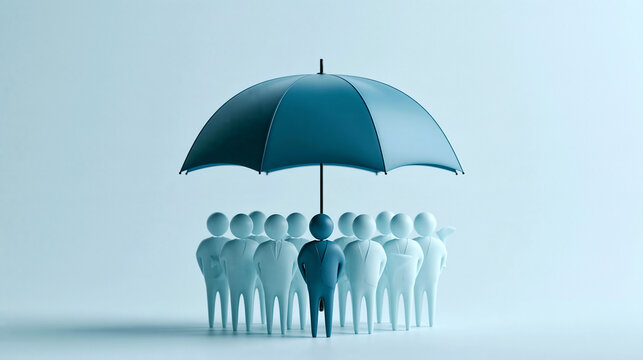 A group of stylized human figures stands together under a large umbrella, symbolizing protection and unity.