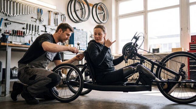 Bike Mechanic Adjusting Seat Position of Custom Handbike for Rider in Workshop