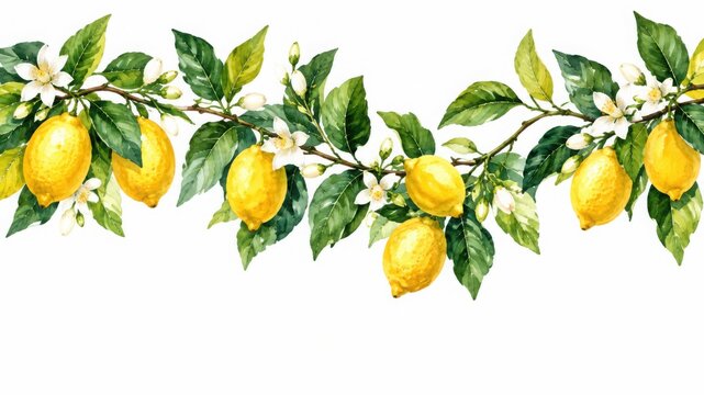 A horizontal border of watercolor lemon branches with yellow fruits and white flowers on white... de