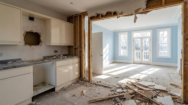 Kitchen interior undergoing demolition with exposed walls and debris indicating renovation or construction project.