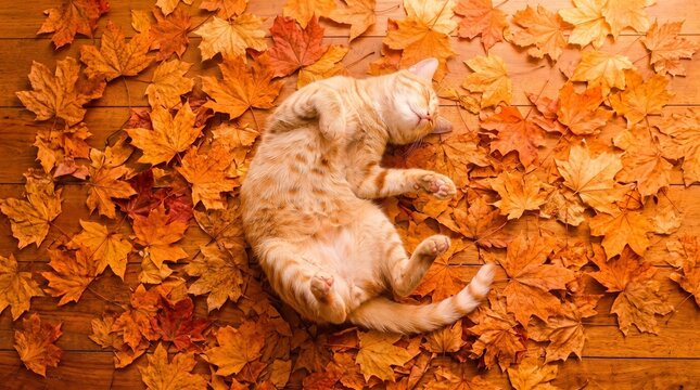 Cute ginger cat sleeping on a wooden floor covered with dry orange autumn maple leaves. Cozy pet relaxing in fall season, top view flat lay.