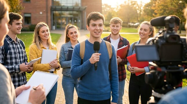 Confident young male student journalist reports live for campus television broadcast during sunset with fellow college students standing in background outdoors.