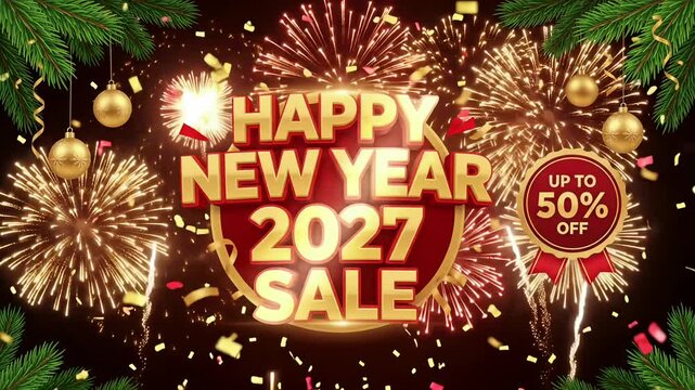 Happy new year 2027 sale 50% off retail promo discount fireworks confetti ornament 3d animation loop
