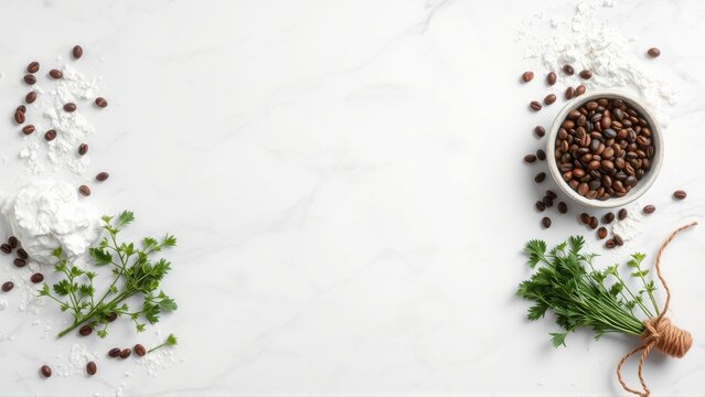 Coffee beans, flour, parsley scattered on marble surface. Minimalist food photography, flat lay composition. Simple ingredients presentation.