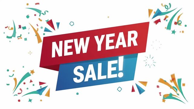 New Year sale retail promo discount banner confetti party celebration 2d animation loop
