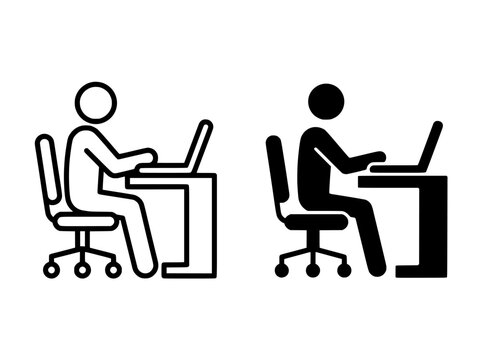 Minimalist office worker icon set, person sitting at desk with laptop vector, professional remote work and freelancer silhouette and line art icons