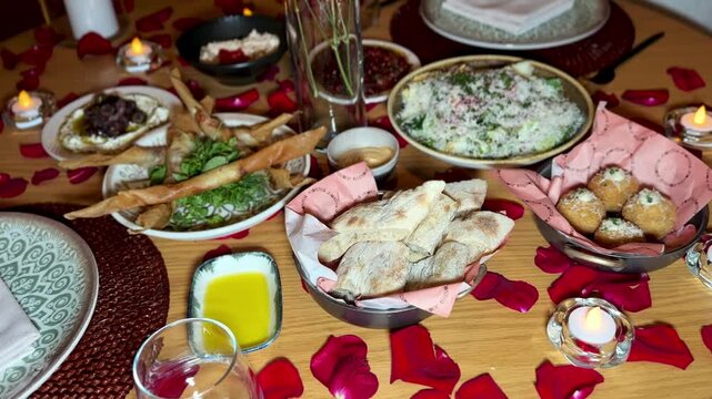 A wooden restaurant table is elegantly set for a romantic evening dinner with scattered red rose petals and glowing candles. The indoor setup features a lavish spread of Mediterranean appetizers.
