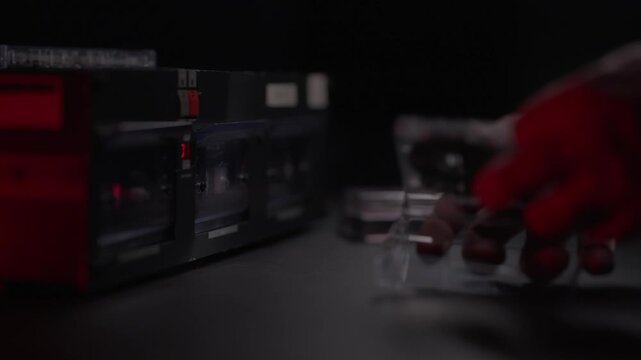 Hand loads a cassette tape into a dual deck player under red light. Gritty retro audio recording scene, ideal for police interrogation, wiretap evidence, crime mystery, and forensic thrillers.