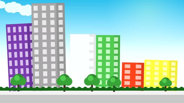 Colorful Modern Urban Cityscape Illustration Featuring Minimalist Buildings and Green Trees Under a Clear Bright Sky