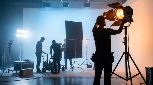 Film crew members working on a movie set with professional lighting equipment and a camera, ready for a production shoot.