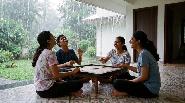 Teen Cousins Playing Carrom on Covered Veranda While Monsoon Rain Pours Outside