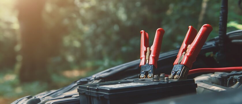 Close-up of jumper cables on a car battery.