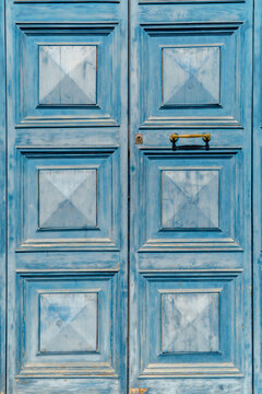 Blue Painted Wooden Entrance Door Featuring 3D Pyramidal Raised Panels and Polished Brass Pull Handle