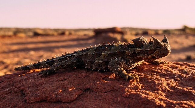 Dark Colored Thorny Devil Warming on Rock at Dawn Before Turning Paler in Sun
