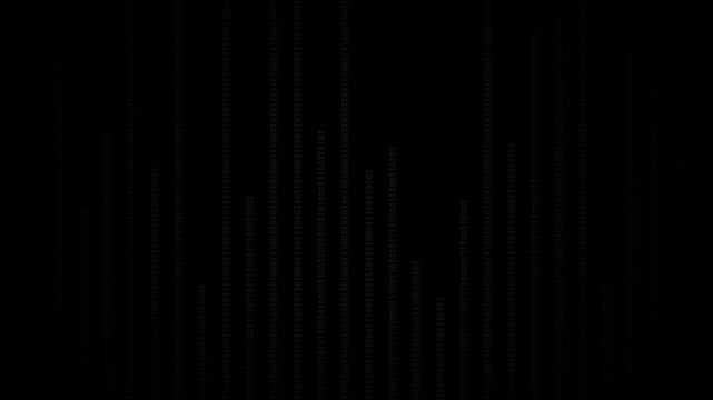 Motion graphics animation of green binary code columns falling and scrolling down on a dark digital background