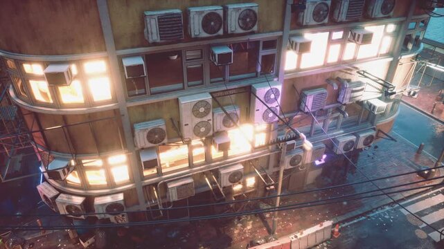 Old city building exterior covered with numerous air conditioning units and glowing windows during daylight hours