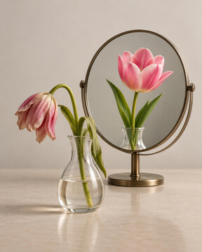 Conceptual Still Life of Withered Tulip Reflected as Fresh Flower in Mirror