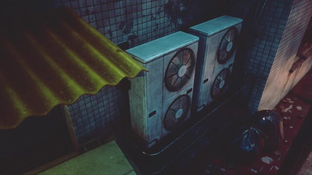 Two large air conditioning units installed on an exterior tiled wall inside a dark narrow alleyway