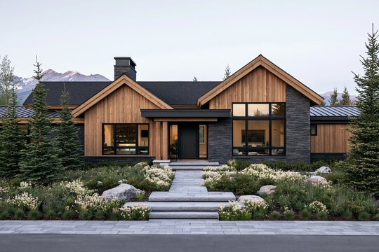 Mountain Modern single-family home featuring cedar siding and charcoal stone, surrounded by wildflowers and distant snow-capped peaks