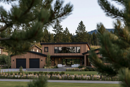 Mountain Modern family home with warm cedar siding framed by blurred pine branches in early morning light, showcasing contemporary architecture