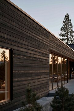 Closeup of shou sugi ban charred wood cladding on modern mountain home exterior, showcasing deep black grain and warm evening light reflections