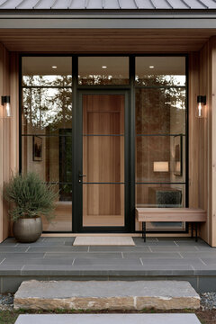 Modern mountain home entry with black-framed glass door, cedar paneling, stone threshold, and low bench beside the entrance