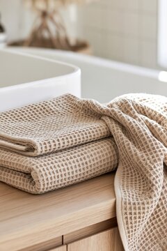 Folded beige waffle towels beside a white bathtub in a calm Japandi bathroom interior
