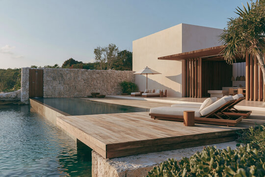 Tropical modern beach club with infinity pool, stone walls, timber deck, loungers, and palm landscaping