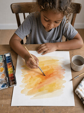 Little artist at work: focused child painting warm watercolor artwork at table