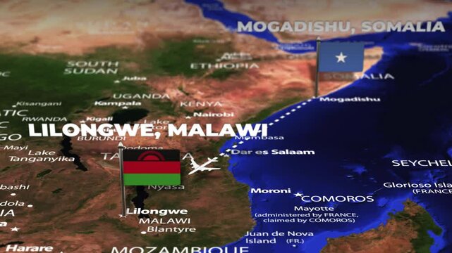 Flight From Mogadishu SOMALIA to Lilongwe MALAWI with flag pins
