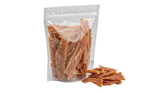 Dried spicy jerky beef meat sticks pieces inside plastic packaging isolated on transparent background.