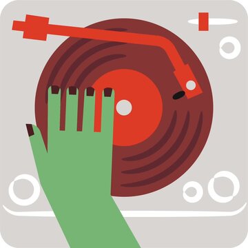 Animated green zombie hand scratches an orange vinyl record on a cartoon Halloween DJ turntable