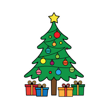 Cute cartoon Christmas tree decorated with colorful baubles and gift boxes underneath, vector illustration. Hand-drawn style Christmas tree with festive ornaments and presents for holidays. 