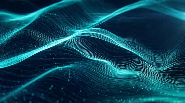Glowing cyan digital waves ripple gracefully across dark futuristic space. Luminous particle streams pulse dynamically, forming undulating electronic hills full of calm technology elegance.