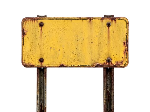 An isolated old weathered yellow metal road sign with heavy rust texture mounted on two dark steel posts against a plain white background