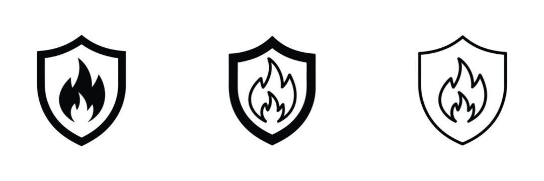 Fire protection shield icon set. Shield and fire warning symbols for emergency response, fire prevention, industrial safety, disaster management and protective services.