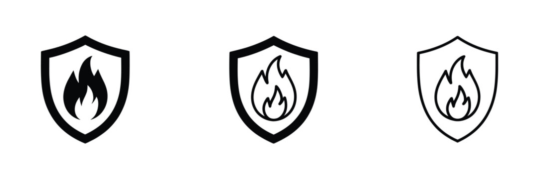 Fire protection shield icon set. Safety and security symbols for fire prevention, emergency warnings, hazard protection, firefighting equipment and building safety.