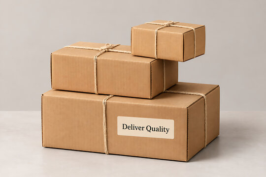 Cardboard boxes tied with twine and Deliver Quality label