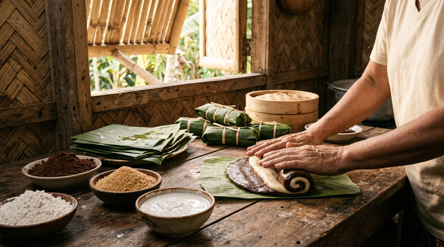 Filipino Woman Preparing Traditional Handmade Sticky Rice and Chocolate Coconut Dessert Rolls on Banana Leaves in Rustic Rural Kitchen