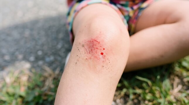 Close-up of a child's scraped and bleeding knee with dirt after a fall outdoors. Represents childhood injury, minor wound and first aid concept