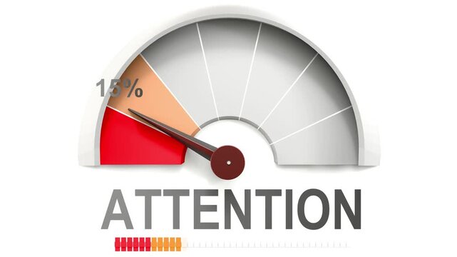 Attention meter showing falling values of attention. Diminishing to minimum, reaching zero, below the norm. Lack of attention. No AI, made by humans for humans.