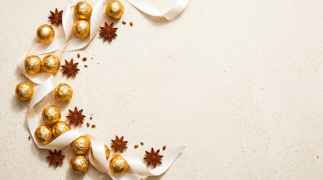 Curved border of golden wrapped chocolate pralines, whole star anise pods, and white satin ribbon on speckled neutral stone background with copy space