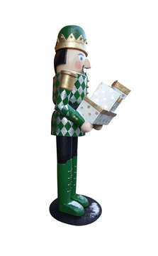 Traditional Wooden Christmas Nutcracker Soldier Figure Holding Gift Boxes Isolated