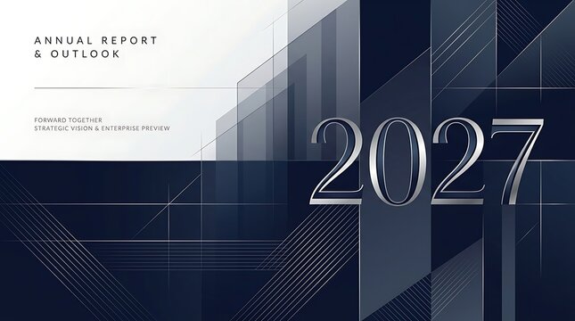 Professional 2027 annual report and outlook cover design featuring elegant silver typography, geometric architectural lines, and dark blue abstract shapes