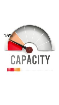 Capacity meter showing falling values of capacity. Diminishing to minimum, reaching zero, below the norm. Lack of capacity. No AI, made by humans for humans.